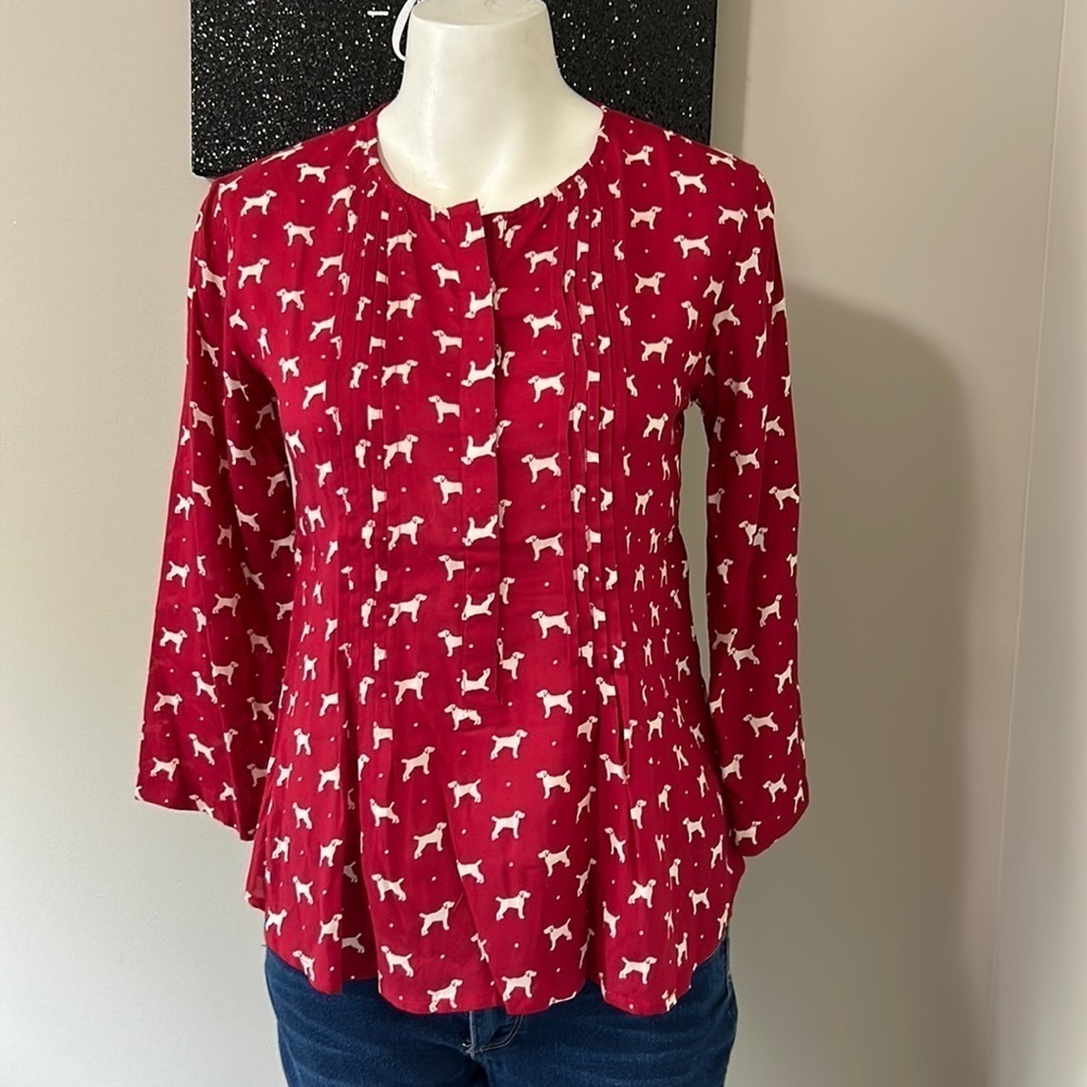 Anthropologie Porridge Dog Print Blouse Red White Long Sleeve Sz XS NEW